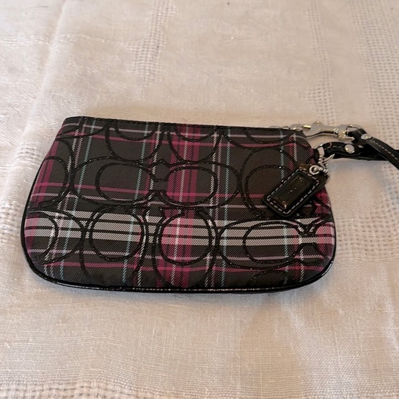 Coach Poppy Wristlet Tartan Plaid in Pink and Black with Stripes - Picture 2 of 5